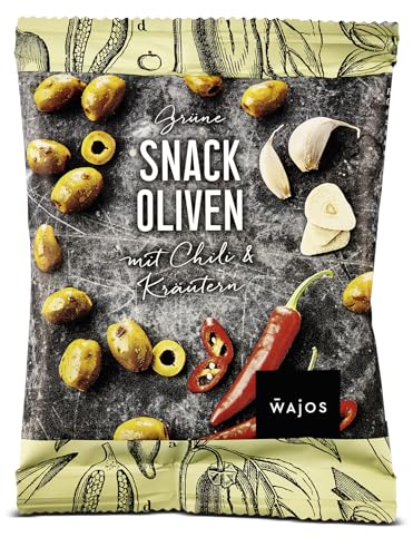 Wajos Grüne Snack Oliven mit Chili & Kräutern – Entsteinte griechische Oliven für den perfekten Snack Teller von wajos