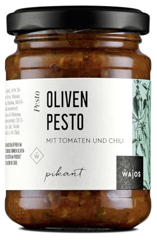 Wajos Oliven Pesto vegan, 175g: pikanter Oliven Brotaufstrich mit Tomaten und Chili, rotes Pesto für Pasta mit Pesto von wajos