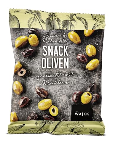 Wajos Snack Oliven Mix 70g: Kalamata Oliven & grünen Oliven mit Kräutern – griechische Oliven für den perfekten Snack Teller von wajos