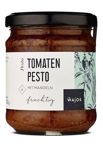 Wajos Tomaten Pesto mit getrockneten Tomaten & Mandel. 180g fruchtige Würzsauce, fertiges Pesto für Pasta Sauce & mediterrane Küche von wajos