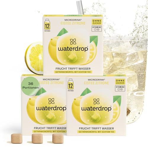 waterdrop® Microdrink Eistee Zitrone, 36 Ice Tea Drops Würfel, Zuckerfreie Getränkewürfel, Kalorienarm, wertvolle Vitamine, Schwarzer Tee mit Zitronemgeschmack von waterdrop MICRODRINK