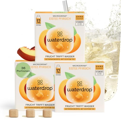 waterdrop® Microdrink Eistee Pfirsich, 36 Ice Tea Drops Würfel, Zuckerfreie Getränkewürfel, Kalorienarm, wertvolle Vitamine, Schwarzer Tee mit Pfirsichgeschmack von waterdrop MICRODRINK