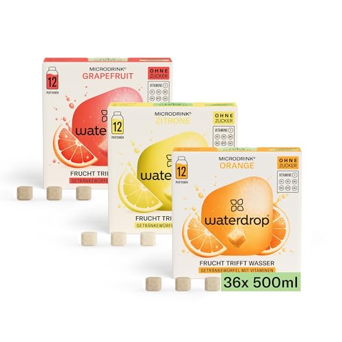 waterdrop® Microdrink Limonade: Orange, Zitrone, Grapefruit, 36 Drops Würfel, zuckerfreies Getränkpulver, 3 fruchtige Sorten, Frucht- und Pflanzenextrakten, mit wertvollen Vitaminen, Wasserzusatz von waterdrop MICRODRINK