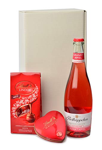 "Secco und Schokolade" - Fruchtsecco Granatapfel alkoholfrei von Rotkäppchen, Lindorkugeln Milch und Pralinenherz von Lindt von HJZWTS