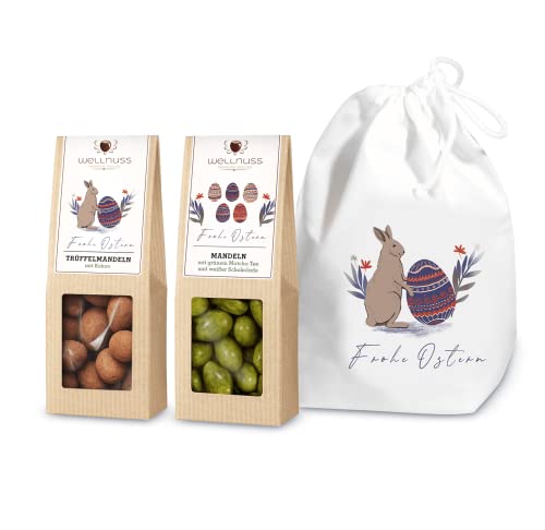 wellnuss Premium Oster-Geschenk,Osterglück“ für Männer & Frauen - Trüffelmandeln (70g) & Kokosmandeln (60g) in,Frohe Ostern“ Baumwollsäckchen - Schokoladen Geschenk für Ostern - Ostergeschenk von wellnuss