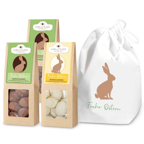 WELLNUSS,Osterglück“ - Premium Oster-Geschenk für Männer & Frauen I In,Frohe Ostern“ Baumwollsäckchen I 3 Nuss- & Schokoladen-Snacks für Ostern I Feinkost Geschenkidee für Eltern, Partner, Freunde von wellnuss