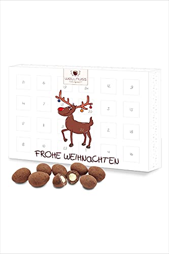 WELLNUSS Adventskalender,Weihnachtsfreude“ – 24 edle Kakao-Trüffelmandeln I Premium Weihnachts-Geschenk für Eltern, Kollegen, Chef, Freunde I Feinkost Geschenkidee mit weihnachtlichem Rentier-Motiv von wellnuss