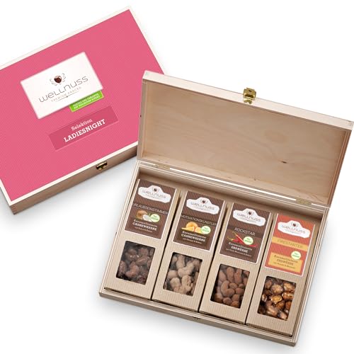 WELLNUSS Geschenkidee für Frauen "Ladiesnight“ mit karamellisierten Nüssen | 4 Premium Snacks in der Birkenholzbox (4 x 60-70 g) | Vegan I Geschenk für Frau, Freundin, Mama I Zum Geburtstag, Muttertag von wellnuss