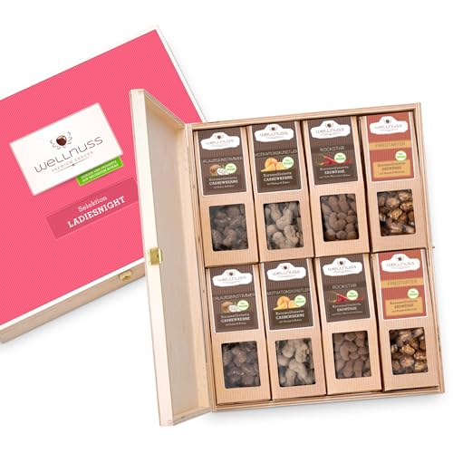 WELLNUSS Geschenkset für Frauen "Ladiesnight“ mit karamellisierten Nüssen | 8 Premium Snacks in der Birkenholzbox (8 x 60-70 g) | Vegan I Geschenk für Frau, Freundin, Mama I Zum Geburtstag, Muttertag von wellnuss