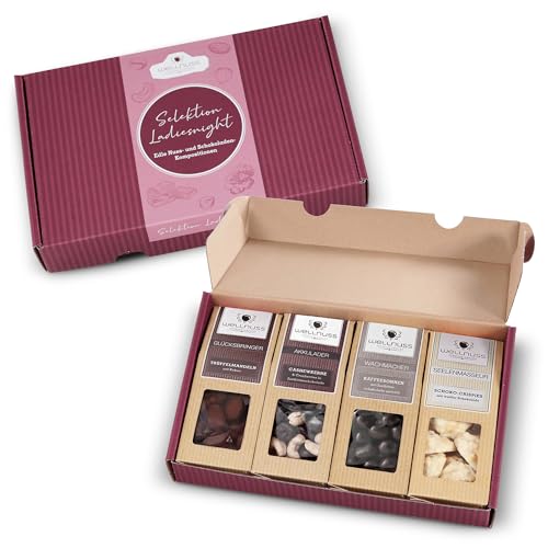 WELLNUSS Geschenkidee für Frauen "Ladiesnight - Best of Chocolate" I 4 Nussmischungen mit Schokolade im Geschenkkarton (4 x 60-70 g) I Geschenk für Frau, Freundin, Mama I Zum Geburtstag, Muttertag von wellnuss