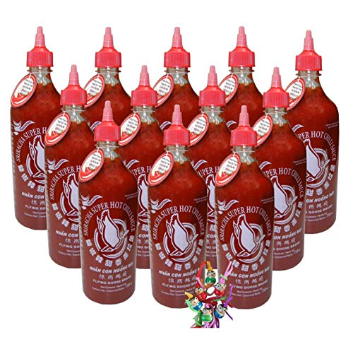 yoaxia ® - 12er Pack - [ 12x 730ml ] FLYING GOOSE Sriracha sehr scharfe Chilisauce SUPERSCHARF (extra Chili) Chilli Sauce + ein kleiner Glücksanhänger gratis von yoaxia Marke