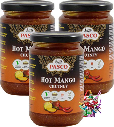 yoaxia ® - 3er Pack - [ 3x 320g ] PASCO Scharfes Mango Chutney / Hot Mango Chutney GLUTENFREI + ein kleines Glückspüppchen - Holzpüppchen von yoaxia Marke