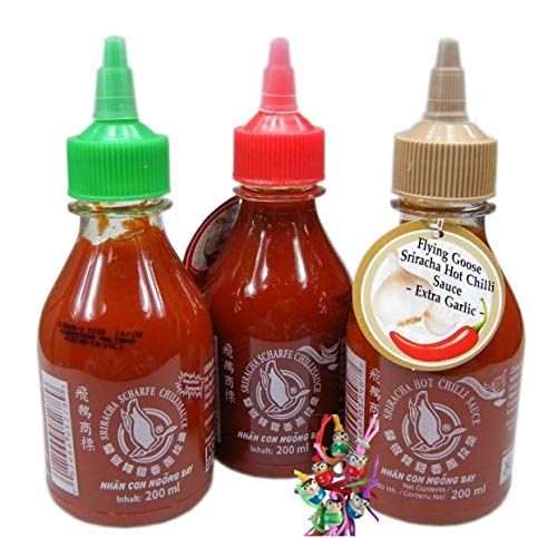 yoaxia ® Marke Set - [ 3 verschiedene Geschmacksnoten je 200ml ] FLYING GOOSE 3x SRIRACHA Chilisauce + ein kleiner Glücksanhänger gratis von yoaxia Marke