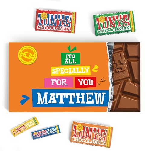 Tony's Chocolonely Geschenk, personalisiert mit Namen, 5 Tafeln Schokolade – Geschmacksrichtungen: Vollmilch, Vollmilch & Karamell-Meersalz, Vollmilch & Haselnuss, Nougat, Zartbitter von your surprise