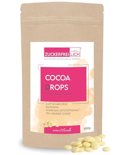 ZUCKERFREIlich Cocoa Drops weiss 500g, weiße Schokodrops ohne Zuckerzusatz mit Erythrit & Stevia ohne Nachgeschmack, zuckerreduzierte Schokotropfen, kalorienbewusst 70% weniger Zucker von zuckerfreilich