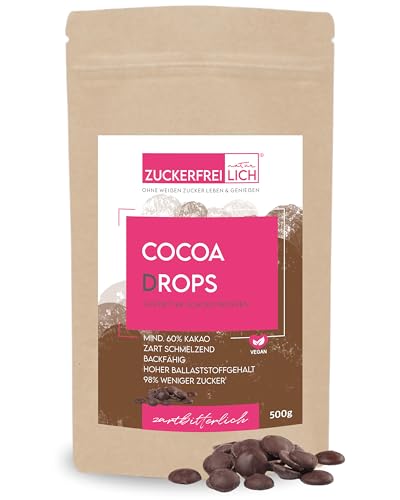 ZUCKERFREIlich Cocoa Drops zartbitter vegan 500g, feinherbe Schokodrops ohne Zuckerzusatz mit Erythrit & Stevia ohne Nachgeschmack, zuckerreduzierte Schokotropfen, kalorienbewusst, mind. 60% Kakao von zuckerfreilich